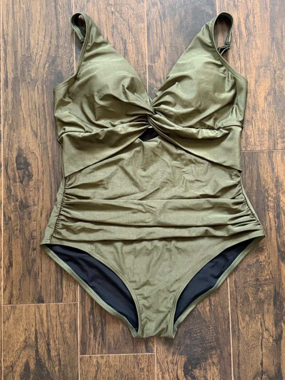 DKNY Olive Green Twist Front Ruched One-Piece Swimsuit XL